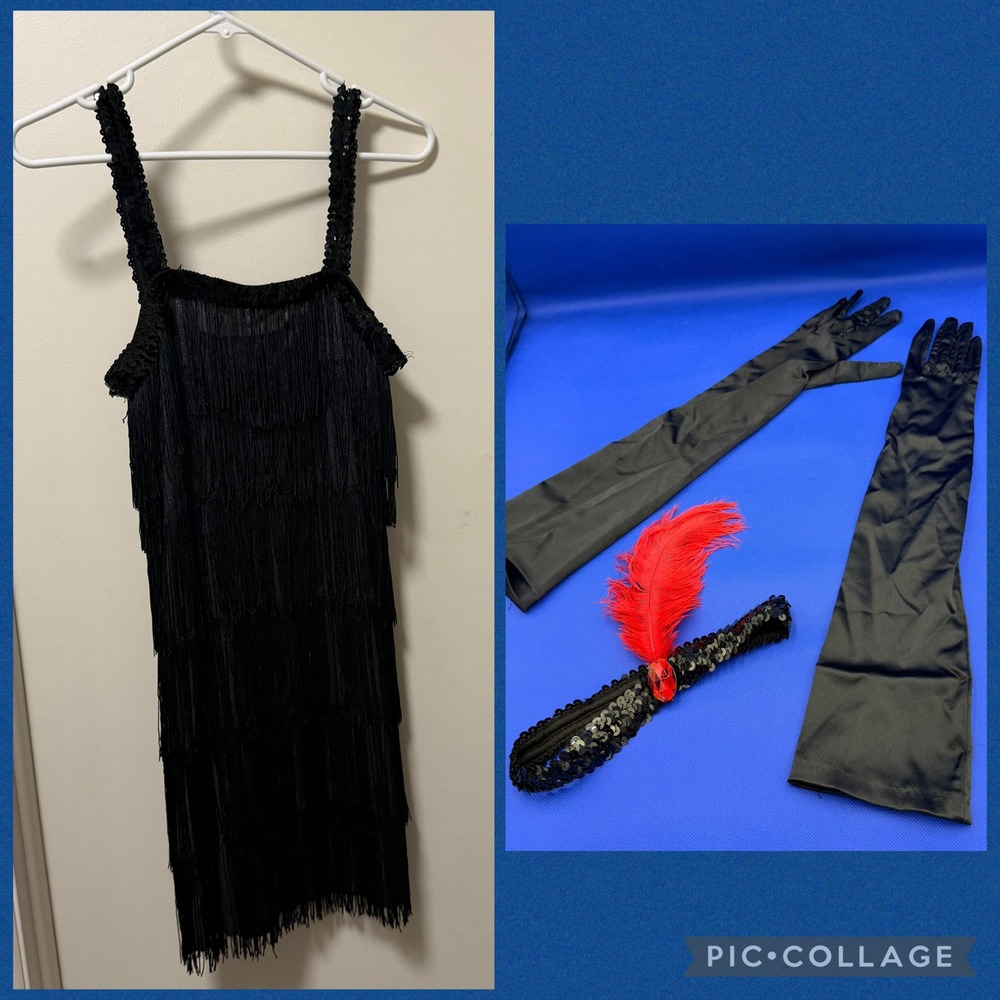 Flapper Dress Set Black 20s Fringe Sequin Medium 6-8 3pc Gatsby Party Halloween